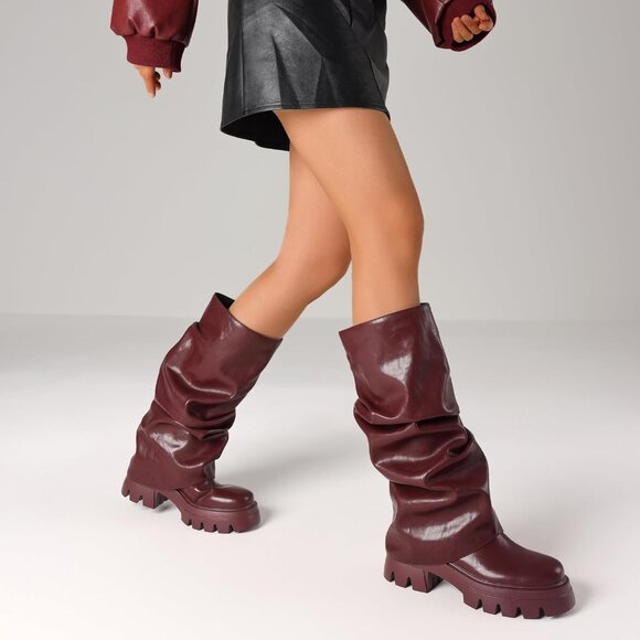 Women's Burgundy Fold Over Boots Slouchy Boots Wide Calf Pleated Platform Boots - Picture 6 of 7